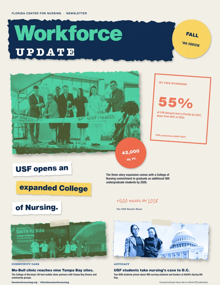 Newsletter: "Workforce Update" as a cut-and-paste zine, built from real USF College of Nursing stories.