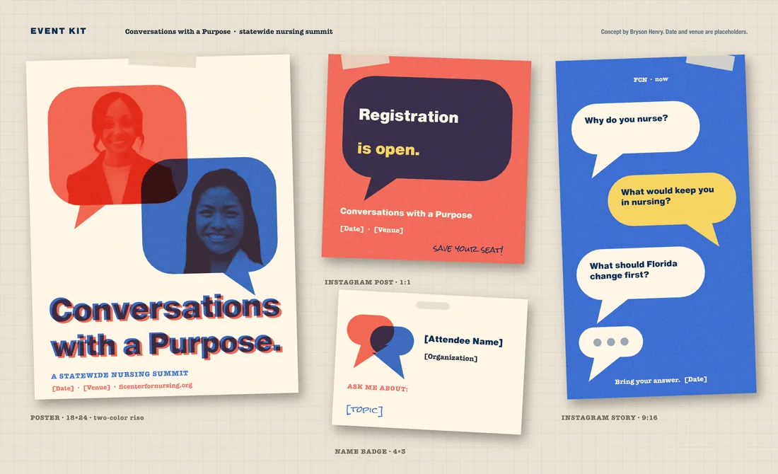 Event kit: a two-color riso summit identity across poster, post, story and badge. Date and venue are placeholders.