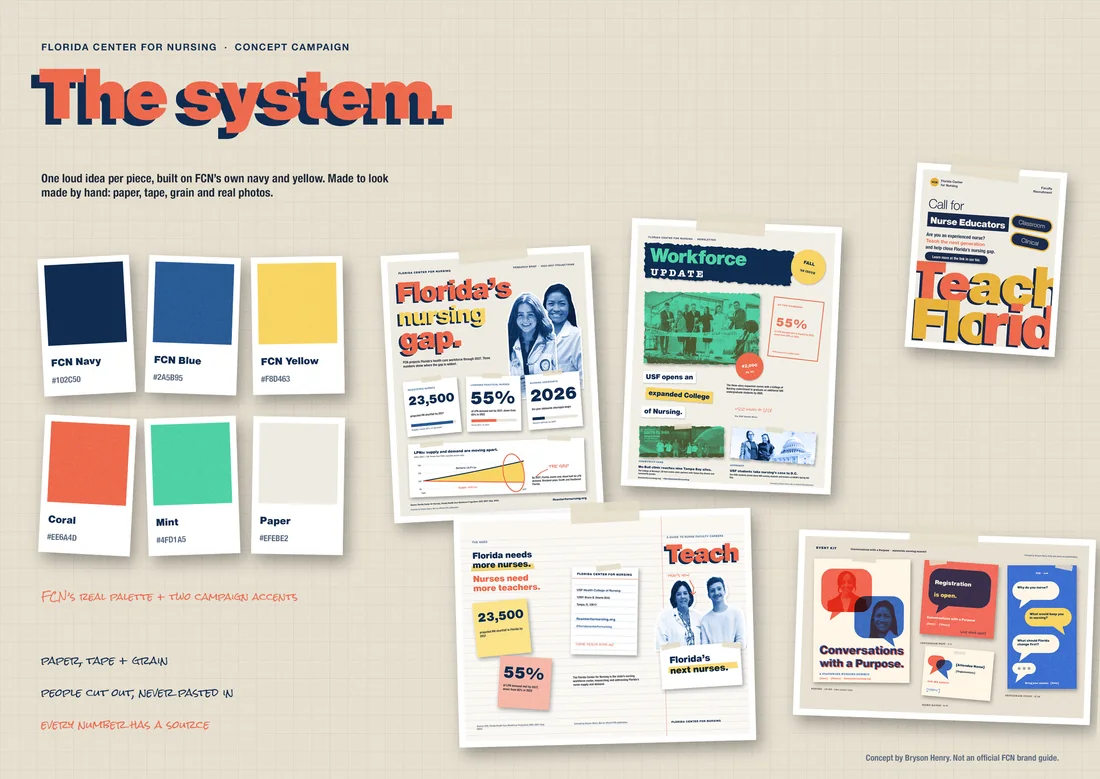 The system: FCN's real palette plus two campaign accents, pinned up with the pieces it produced.